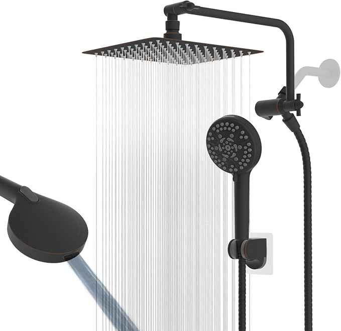 All Metal Shower Head, 10" High Pressure Rainfall/Handheld Shower Combo with 11" Extension Arm, 10-Spray Handheld Showerhead, 71" Long Hose, 3-Way Diverter Valve, Oil Rubbed Bronze