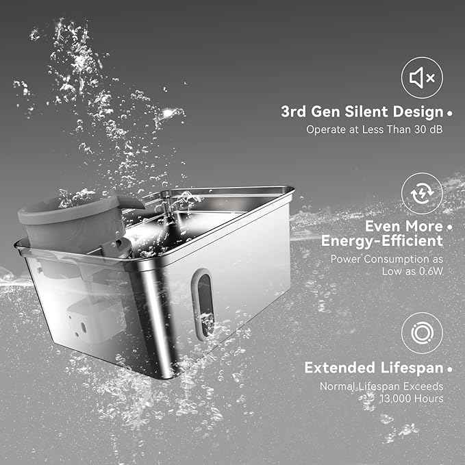 Dog Water Fountain, 8L/2.1Gallon/270oz Dog Fountain Water Bowl - Stainless Steel Ultra-Quiet Pet Water Dispenser with Water Level Window & Large Drinking Area
