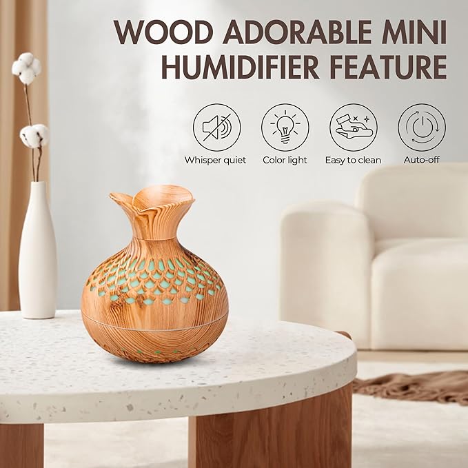 Mini Humidifier for Desk Bedroom Indoor Plant, 300ml Aromatherapy Diffuser Humidifier for Office Small Room, Quiet Colorful Night Light, Essential Oil Diffuser