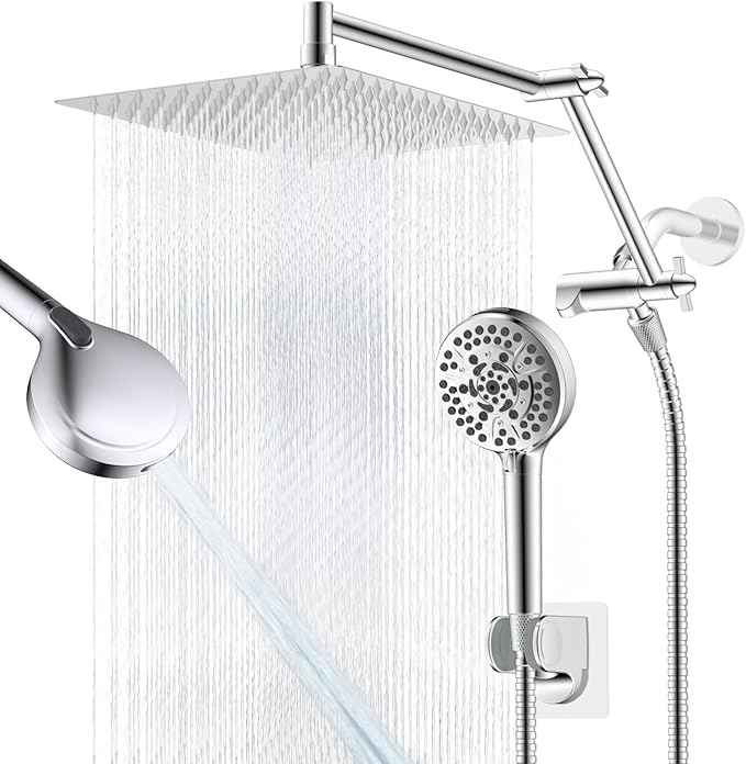 12” All Metal Rain Shower Head, High Pressure Rainfall Shower Head with Handheld Spray Combo, 5” Handheld Spray Powerful Clean 10-Mode, 16" Shower Extension Arm, 71" Hose, 3-Way Diverter, Chrome