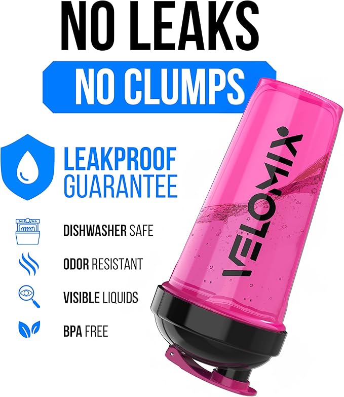 VELOMIX -2 Pack- 28 oz Protein Shaker Bottles for Protein Mixes - 2x Wire Whisk | Leak Proof Shaker Cups for Protein Shakes | Protein Shaker Bottle Pack (Black/Pink)
