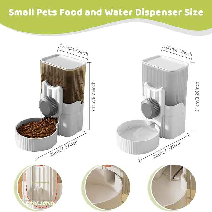 Hanging Cage Automatic Small Pet Food Bowl Water Bottle Dispenser, 1L Auto Gravity Pet Feeder and Waterer Set Kennel Feeding Station Crate Feeder Dish for Rabbit Puppy Cats Ferret (Grey)