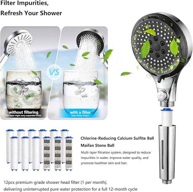 Filtered Shower Head with Handheld - High Pressure 6 Spray Modes Showerhead with Filters, Shower Head With Movable Bracket & 75" Anti-Burst Hose | 12 Replaceable Water Softener Filters for Hard Water