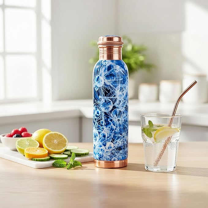 Pure Printed Copper Water Bottle 32 oz - Leak Proof Ayurvedic Drinkware Copper Vessel for Sports, Gym, Outdoors, Yoga, Health Benefits
