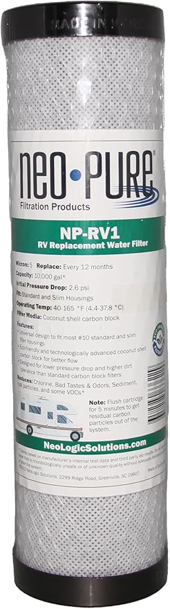 Neo-Pure NP-RV1 5 Micron Replacement RV Water Filter Cartridge for Slimline and Standard Style Housings – Reduces Sediment, Dirt, and Rust – Single Pack