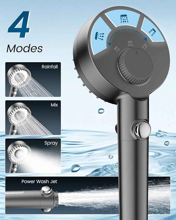 Ion Drops Filtered Shower Head with Handheld, High Pressure 4 Spray Mode Showerhead with Filters for Hard Water Softener, Handheld Shower Heads Filter with ON/OFF Switch for Pets, Remove Chlorine Gray