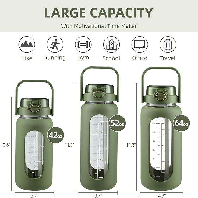 SIEROZUR 64 oz Glass Water Bottle with Straw and Handle Lid Half Gallon Motivational Glass Bottle with Silicone Sleeve and Time Marker Large Reusable Sports Water Jug for Gym Home Workout