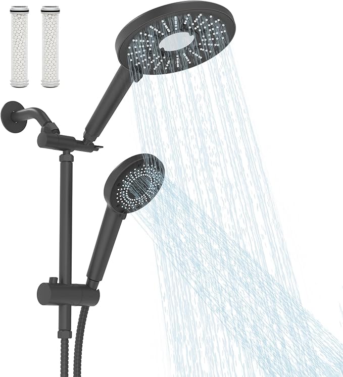 Filtered Shower Head with Handheld Shower Head High Pressure Rainfall System with Slide Bar Dual Filter Softener for Hard Water,6 Spray Modes,Adjustable Height,Black
