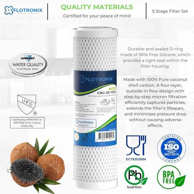 Flotronix 1–5 Stage RO Water Filter Replacement Set – 50 GPD Reverse Osmosis System Kit with 1/4" Output – Compatible with APEC & Most Standard RO Systems – Sediment, Carbon, Membrane & Post Filter