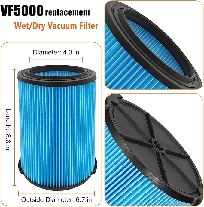 VF5000 Replacement Filter for Ridgid Shop Vacuums 5-20 Gallon, Universal Fine Dust Filter Fits Rigid Wet Dry Vac/Husky Shop Vacuum Filter 6-9 Gallon with Foam Sleeves- 1 Pack - AquaVibe