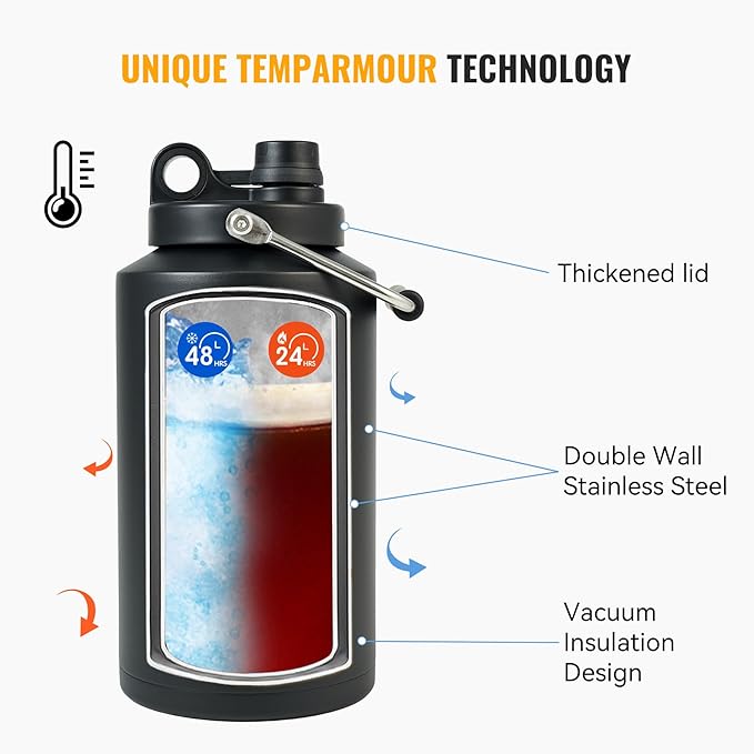 Insulated Gallon Jug with Handle, One Gallon, 128oz Stainless Steel, Large Double Vacuum Water Bottle for Cold Drinks, Wide Mouth, Sweat Proof, Carrier bag, Great for Travel, Camping, Black