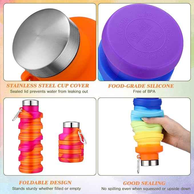 Sunnyray Collapsible Water Bottles Bulk Foldable Water Bottles 17oz Silicone Portable Leak Proof Reusable Sports with Clip for Travel Hiking Camping Outdoor(Tie-dye,20 Pack)