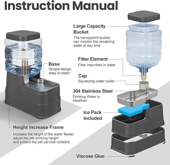 Automatic Dog Water Dispenser Gravity Stainless Steel Water Feeder Cat Waterer Feeder with Wide Mouth Bowl for Small Medium Dog Puppy Kitten (Filter &Ice Pack Included) 1.6Gallon Gray
