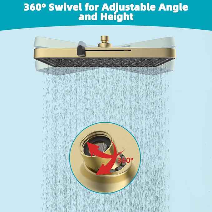 Hibbent 5 Spray Modes Shower Head, 13'' High Pressure Rain Shower Head, Large Rainfall Showerhead for Bathroom, High Flow Waterfall Fixed Showerheads with Adjustable Swivel Ball Joint, Brushed Gold
