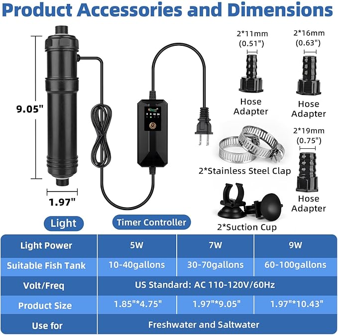 hygger Aquarium U-V Light with Timer, 360° Protective Shield Clean Light for Green Water Clean, Amphibian Aquarium Lamp Bulb for Freshwater Saltwater Fish Tank and Aquarium (7W, 30-70 Gallon)