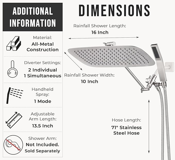 G-Promise All Metal 16 Inch Dual Square Shower Head with Handheld Spray Combo, Rain Shower Head, Adjustable Extension Arm, 3-Way Diverter, 71 Inch Extra Long Hose - A Bathroom Upgrade(Brushed Nickel)