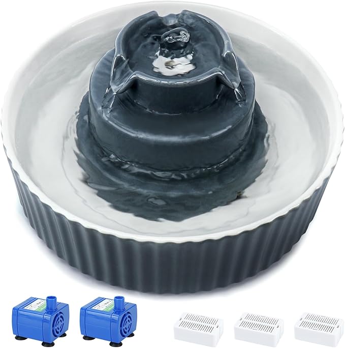 Ceramic Cat Water Fountain, 2.1L/71oz Cat Fountain with 3 Carbon Filters and 2 Quiet Pumps, Cupcake Pet Water Dispenser for Cats and Dogs (Grey)