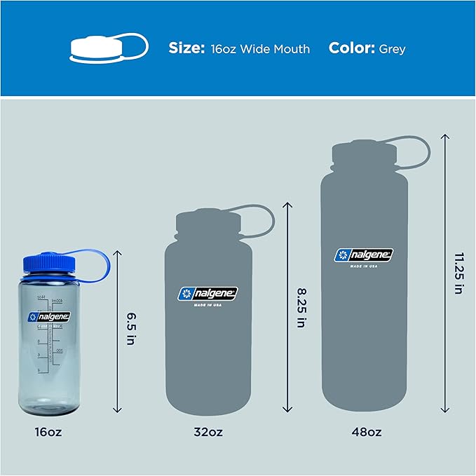 Nalgene 16 oz Wide Mouth Water Bottle | BPA-Free, Durable & Leak Proof, Lightweight Travel Bottle, Fits In Cupholders, Grey