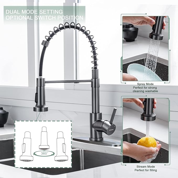 WEWE Black Stainless Kitchen Faucet, Faucet for Kitchen Sink with Pull Down Sprayer Gray Matte Gun Black Kitchen Faucet with Deck Plate Stainless Steel Farmhouse Commercial Single Handle Sink Faucet