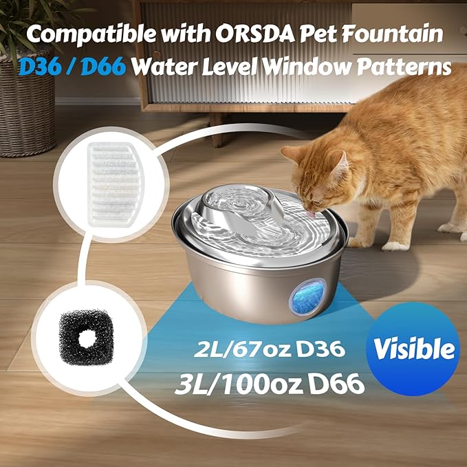 ORSDA Cat Water Fountain Filters, ONLY for D36/D66 Cat Fountain With Water Level Window, (8 Filters Replacement+4 Pump Sponges)