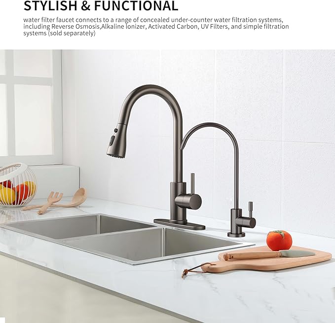 Kitchen Sink Faucet with Pull - Down Sprayer, 2 - Handle 3 - in - 1 Kitchen Sink Filter Faucet, Cold and Hot Mixer Drinking Water Faucet (Grey-01)