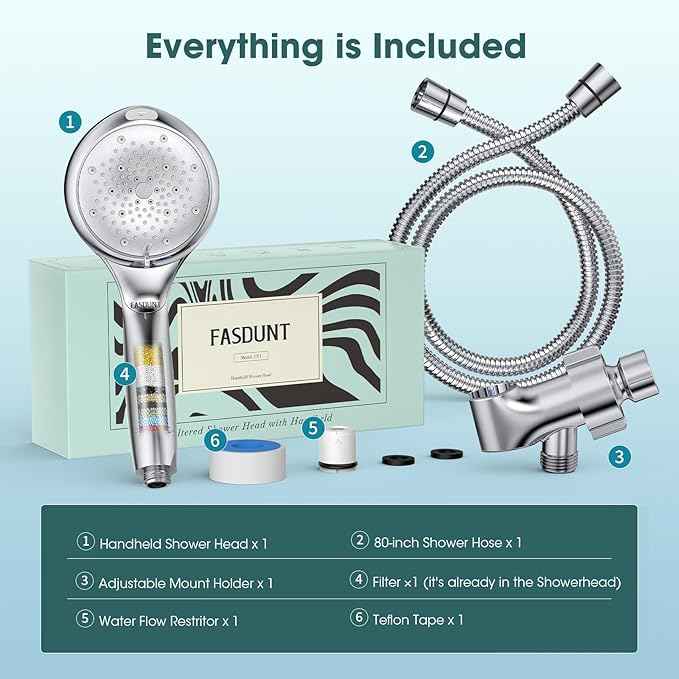 FASDUNT Shower Head with Handheld, High Pressure 8-Mode Filtered Shower Head with 80" Extra Long Stainless Steel Hose & Adjustable Bracket, Built-in Filter for Hard Water -Remove Chlorine, Chrome