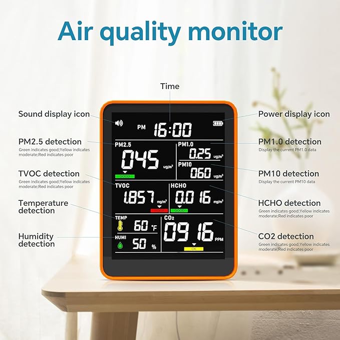 9-in-1 Professional Indoor Air Quality Monitor Portable PM2.5/PM10/CO2, Temperature, Formaldehyde Detector, Humidity TVOC,Time Display Air Quality Tester - Confined Space Clean Air Monitor-Persimmon