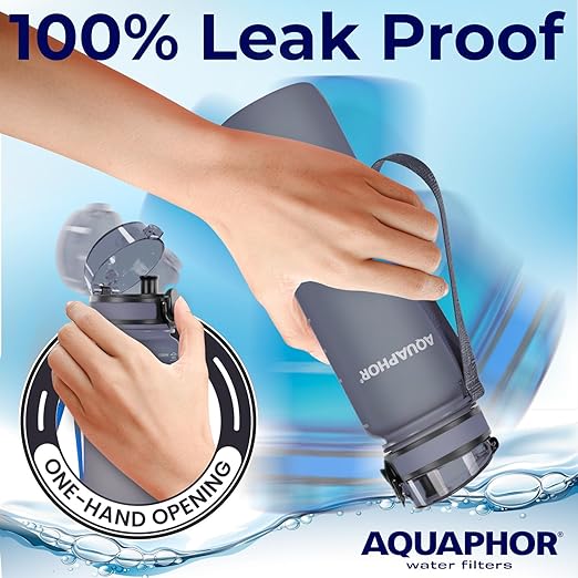 Nakii Filtered Water Bottle, Leakproof, BPA-Free, Motivational Markings, Travel, Everyday Use. 40-Gallon Filter, Replaces 300 Plastic Water Bottles. Includes 1 Filter, 22 FL Oz, Grey by Aquaphor
