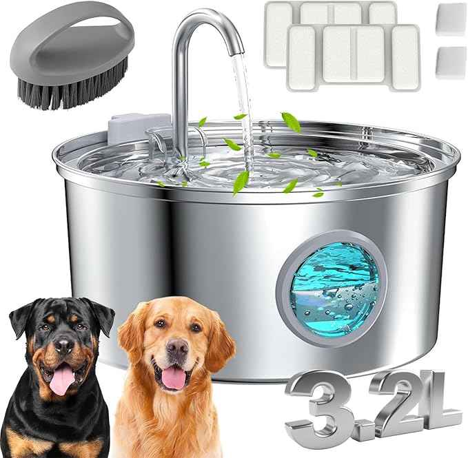 Dog Water Fountain, 3.2L/7L Filtered Water Fountain, Super Quiet Stainless Steel Dog Fountain Water Bowl for Large Dog Cats & Small Animals (Silver, 3.2L-with 2 Filter Element)