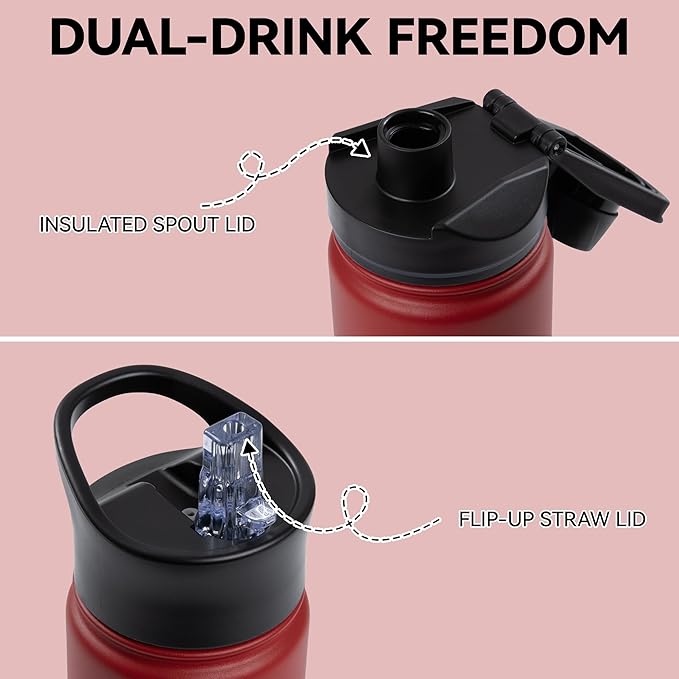 16 oz Insulated Water Bottle Bulk 4 Pack, Straw & Spout Lid, Keep Cold 24H, Spill Proof, BPA-Free, Double Wall, Stainless Steel Kids Water Bottles for School, Sports, Red