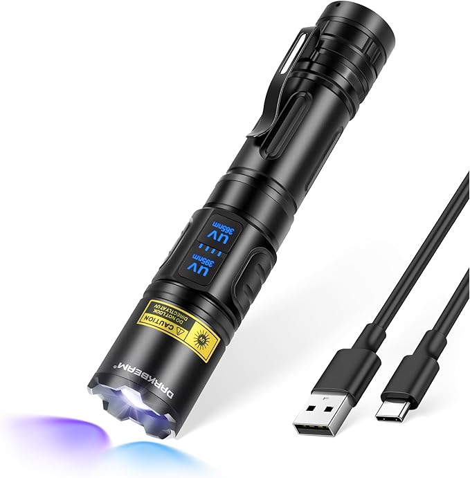 DARKBEAM UV Flashlight 365nm & 395nm Dual Black Light, Blacklight USB Rechargeable LED Ultraviolet Flashlights, Powerful Focusable Woods Lamp Pet Urine Detector, for Uranium Glass, Resin Curing