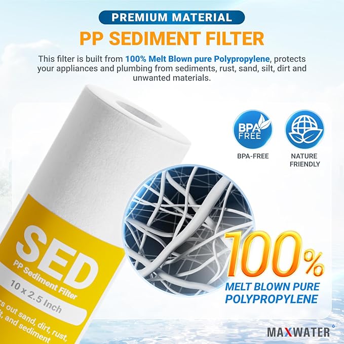 Max Water 5 Micron 10 x 2.5 Sediment Filter Cartridge Replacement for Reverse Osmosis and Whole House Water Filter, Compatible with Well Water Filters - P5, AP110, WHKF-GD05, WFPFC5002 (Pack of 2)