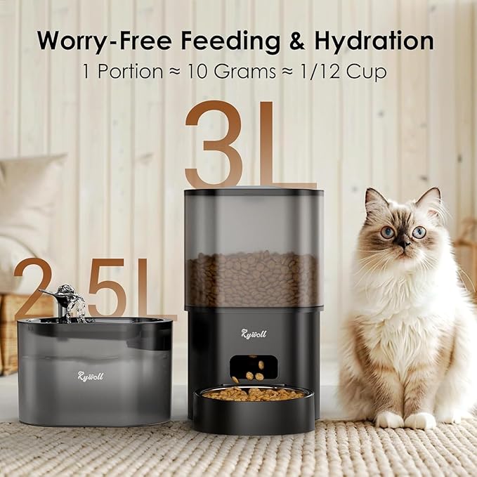 Automatic Cat Feeder and Water Fountain, Rywell 3L WiFi Timed Pet Food Dispenser and 2.5L Water Dispenser with APP for Cats and Dogs, Voice Recorder, Stainless Steel Bowl, Low Noise, Dual Power Supply