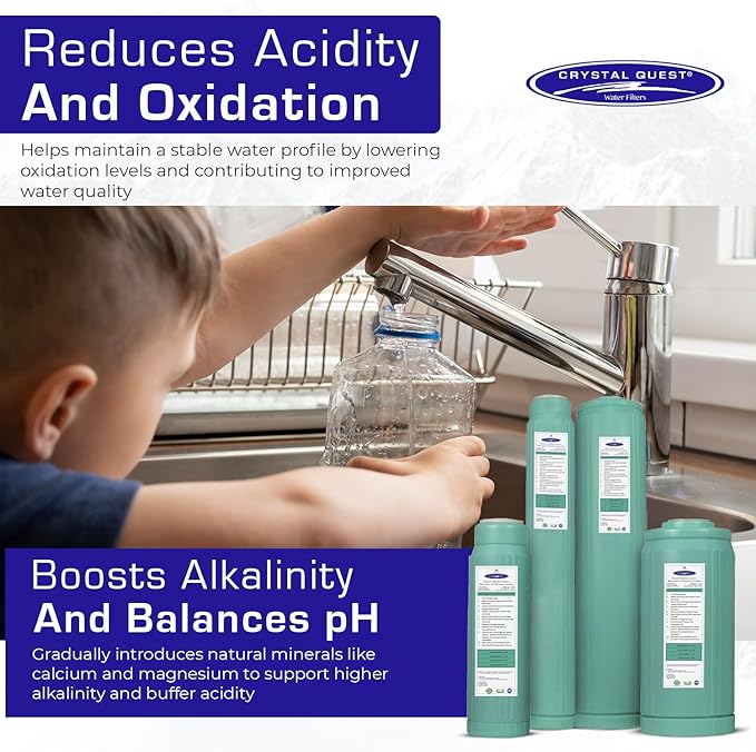 Crystal Quest Alkalizer, Ionizer, Mineralizer & Oxidation Cartridge – Boosts pH & Alkalinity, Reduces Acidity & ORP, Enhances Taste with Essential Minerals, Long-Lasting Performance 4-5/8” x 9-3/4”