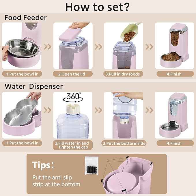 2 Pack Automatic Cat Feeder and Stainless Steel Water Dispenser, Gravity Dog Waterer Set Food Feeder and Waterer Set for Small Medium Kitten Puppy Pets(1 Gallon x 2, Violet)