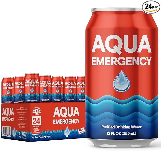 Aqua Emergency Drinking Canned Water- (24 Cans) 12 fl Oz (50 Years) Shelf Life for Everyday Hydration, Emergency, Survival Use-Purified via Reverse Osmosis | Plant-Based, BPA Free, Eco-Friendly Packaging, Made in USA-1 Case