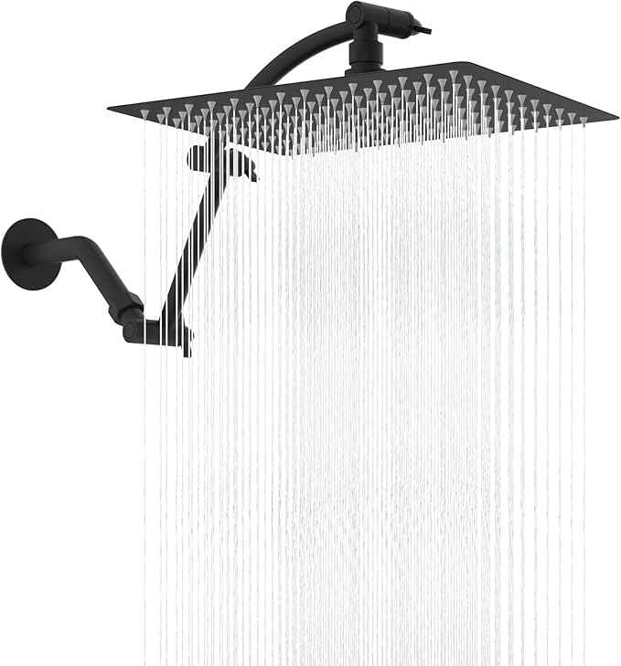 Hibbent All Metal cUPC Certified Rain Shower Head, 12'' High Pressure Rainfall Showerhead with 16" Shower Head Extension Arm, Solid Brass Adjustable Shower Arm Extender, fixed Showerheads, Matte Black