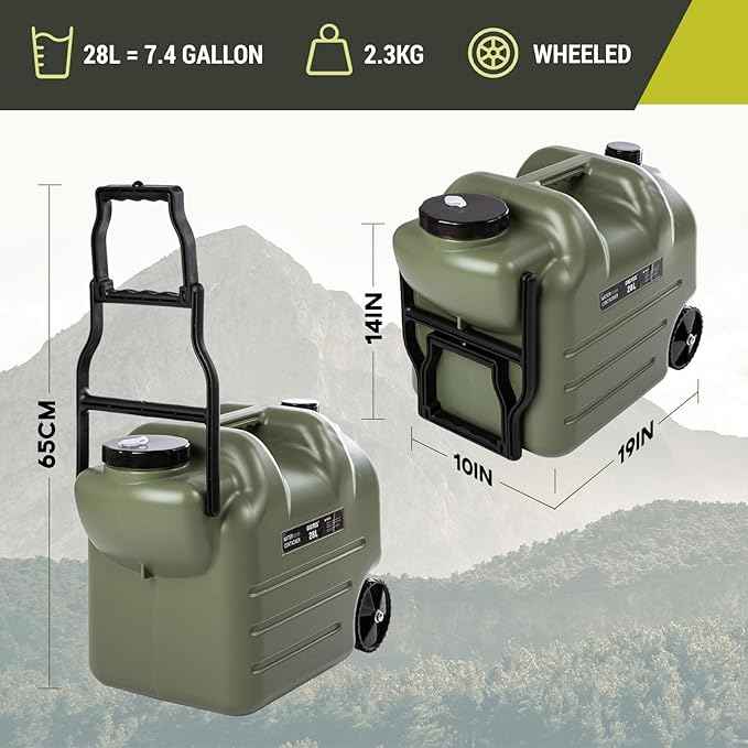 7.4 Gallon Water Jug with Wheels & Folding Handle, Rolling Wheel Water Storage Tank for Hiking Camping, Portable