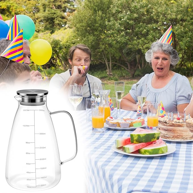 QWORK Glass Pitcher with Lid, 118 OZ Glass Water Pitcher with Precise Scale Line, Hot/Cold Water Jug, for Milk, Beverages