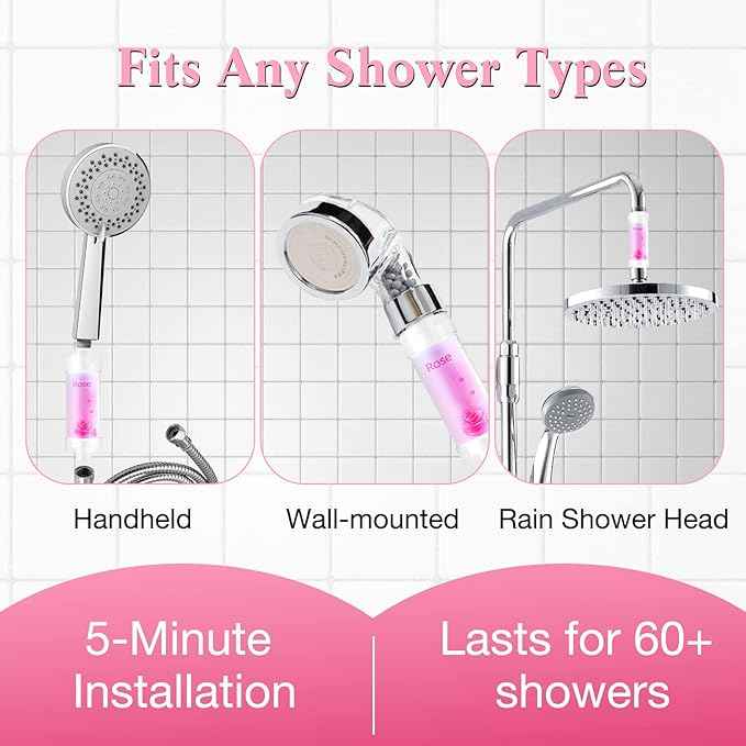 Vitamin C Shower Filter for Hard Water, Shower Head Filter to Chlorine Fluoride Sediment, Water Purifying Filtered Shower Head with Beads, Helps Dry Skin & Hair Loss, Easy Installation (Rose)
