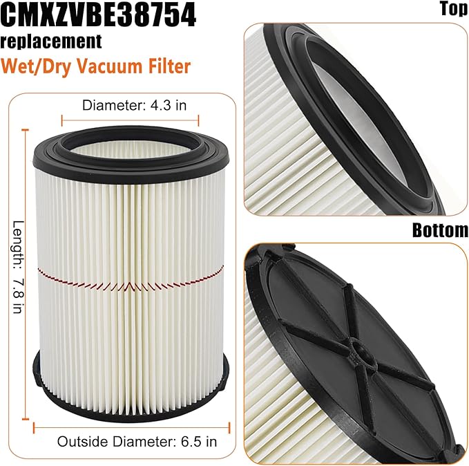 Universal Filters Replaces CMXZVBE38755/ CMXZVBE38754 Craftsman Filter, Replaces # 009-38754 Red Stripe Filter, Fits 5 6 8 9 12 14 16 20 gallon CRAFTSMAN Shop Vacuums with Foam Sleeve - AquaVibe
