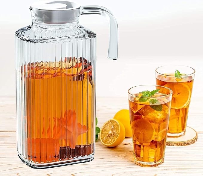 Home Essentials & Beyond Fridge Pitcher Set of 2 - 60 OZ. Glass Water Pitcher With Lid, Practical and Easy to Use, Great for Lemonade, Iced Tea, Milk, Cocktails and More Beverages