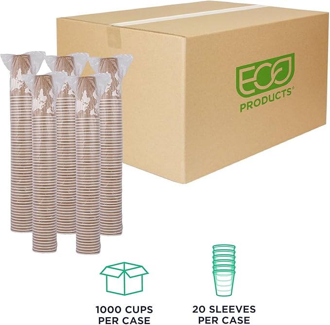 ECO PRODUCTS Compostable Disposable World Art 20oz Large Coffee Cups, Case of 1000, Renewable Hot Paper Cup, Plant Based PLA Lining, Color Coded