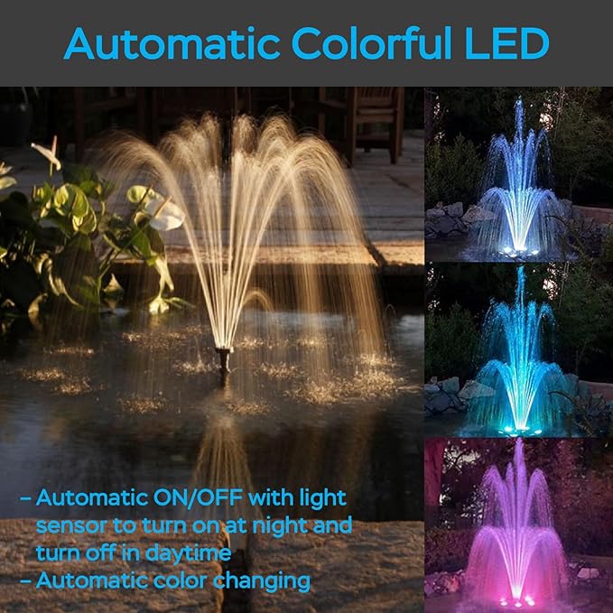 AquaMiracle All-in-One Pond Fountain Kit with Automatic Colorful LED for Outdoor Ponds 500-750 Gal, 850GPH Koi Pond Filter Pump with U - V Light to Tackle Green Water Al-gae, with 3 Spray Patterns