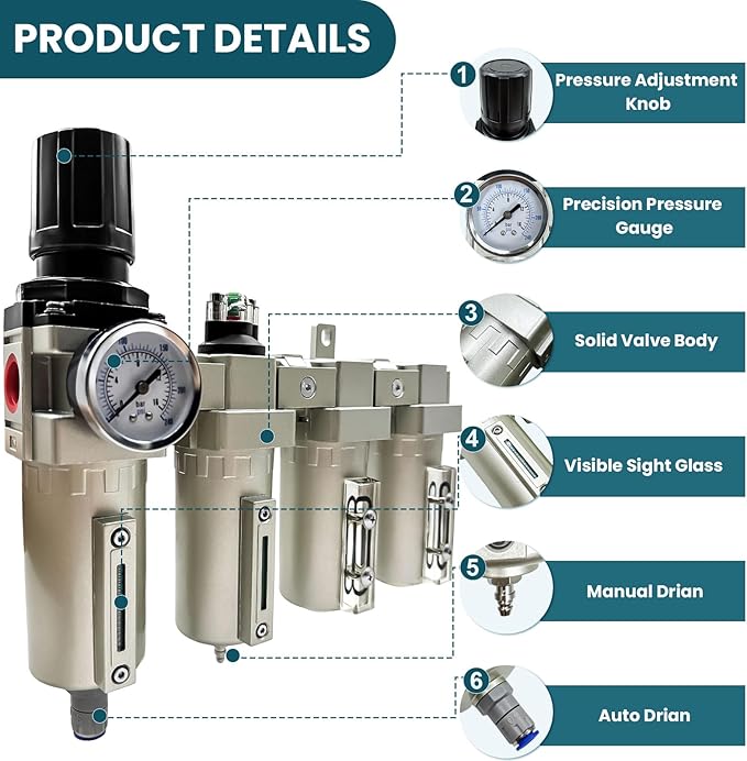 Upgraded 3/4" NPT Heavy Duty Industrial Grade 4 Stage Air Drying System, Particulate Filter, Coalescing Filter, Desiccant Dryer & Air Regulator - for Plasma Cutter, Paint Spray（Auto Drain） - AquaVibe