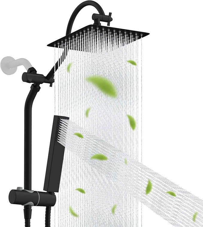 Hibbent cUPU Certified High Pressure 10'' Rainfall Shower Head, Showerhead Combo with 4-mode Handheld Spray, 12'' Adjustable Extension Arm, Extension Bar, Easy Reach Holder, 71'' Hose, Matte Black