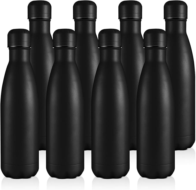 Volhoply 17oz Stainless Steel Water Bottles Bulk, Leakproof Insulated Metal Water Bottle for Sports, Travel, Adult, Available in Packs of 1, 4, or 8（Black,8 Pack）