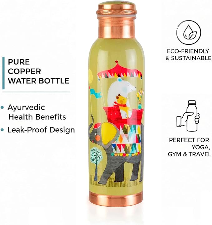 Pure Printed Copper Water Bottle - Leak Proof Ayurvedic Drinkware Copper Vessel for Sports, Gym, Outdoors, Yoga, Health Benefits