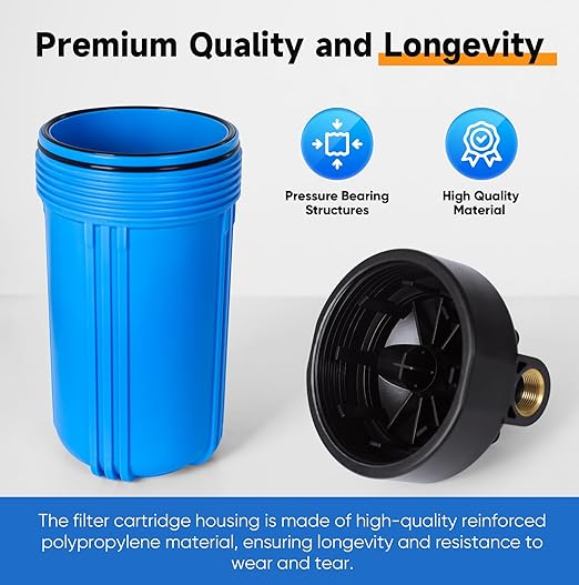 PUREPLUS 2-Stage Whole House Water Filtration System, 10"x4.5" Universal Home Filtration, with Sediment, Carbon Block Filter, Reduce Chlorine, Taste, Odor, Includes Pressure Gauges, 1" Inlet/Outlet