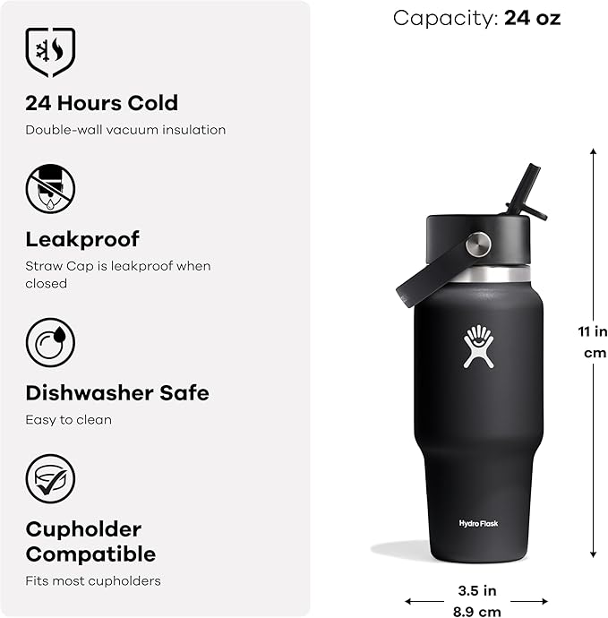 Hydro Flask Travel Water Bottle - Insulated Stainless Steel - Wide Straw Lid, Non Spill, Leakproof in 24 Oz Trillium Pink